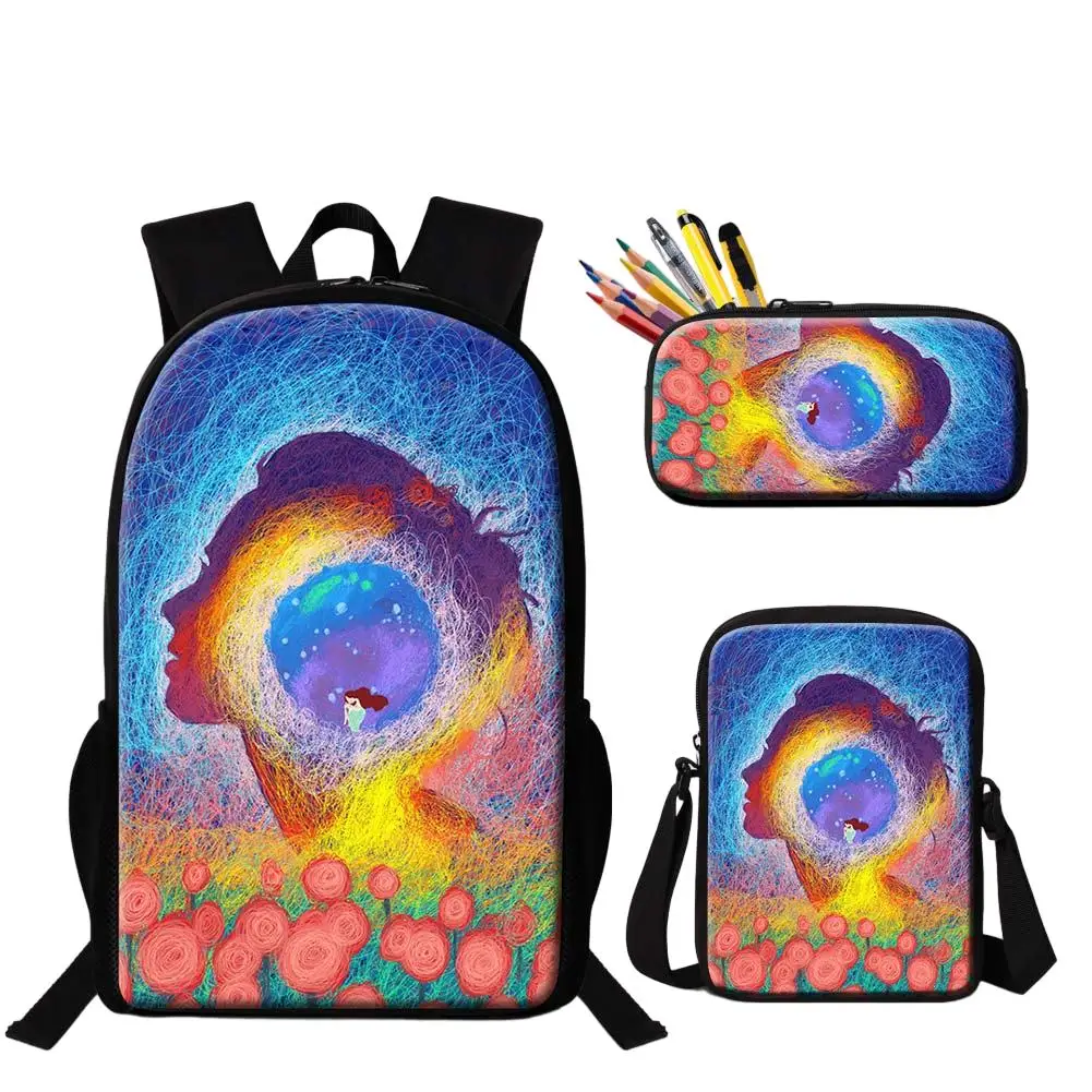 Estilo de desenho à mão pintura de arte impressão 3 peças de volta às aulas presentes para estudantes durável bolsa mensageiro de grande capacidade