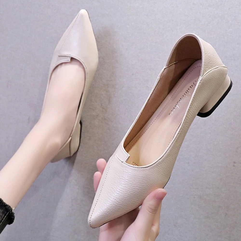 Pumps Women Shoes Shallow Chunky Heeled Pointed Toe Ladies Shoes Platform Soft Leather Women Fashion Dress Office High Heels