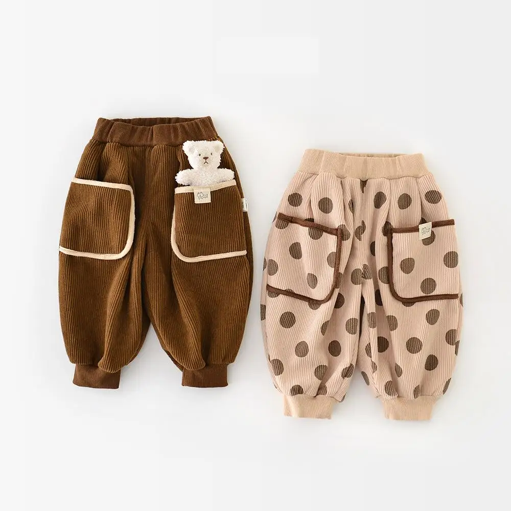 

2025 Winter New Baby Boys Fleece Trousers Dot Print Girls Corduroy Casual Pants Plus Velvet Thick Infant Toddler Warm Pants