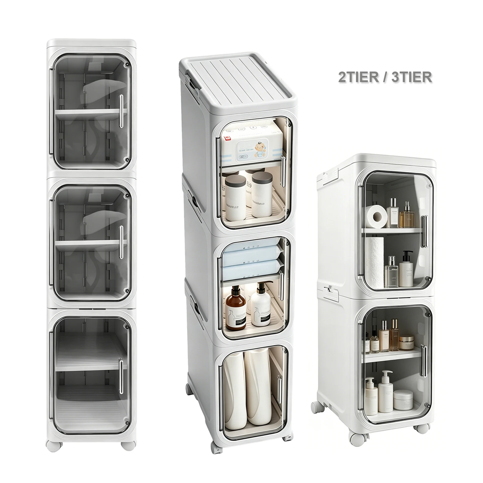 Meuble de rangement de salle de bain à 2/3 niveaux avec roulettes, meuble de rangement étroit pour salle de bain, gain de place, étagères pliables et amovibles, porte magnétique et roulettes avec mécanisme de verrouillage
