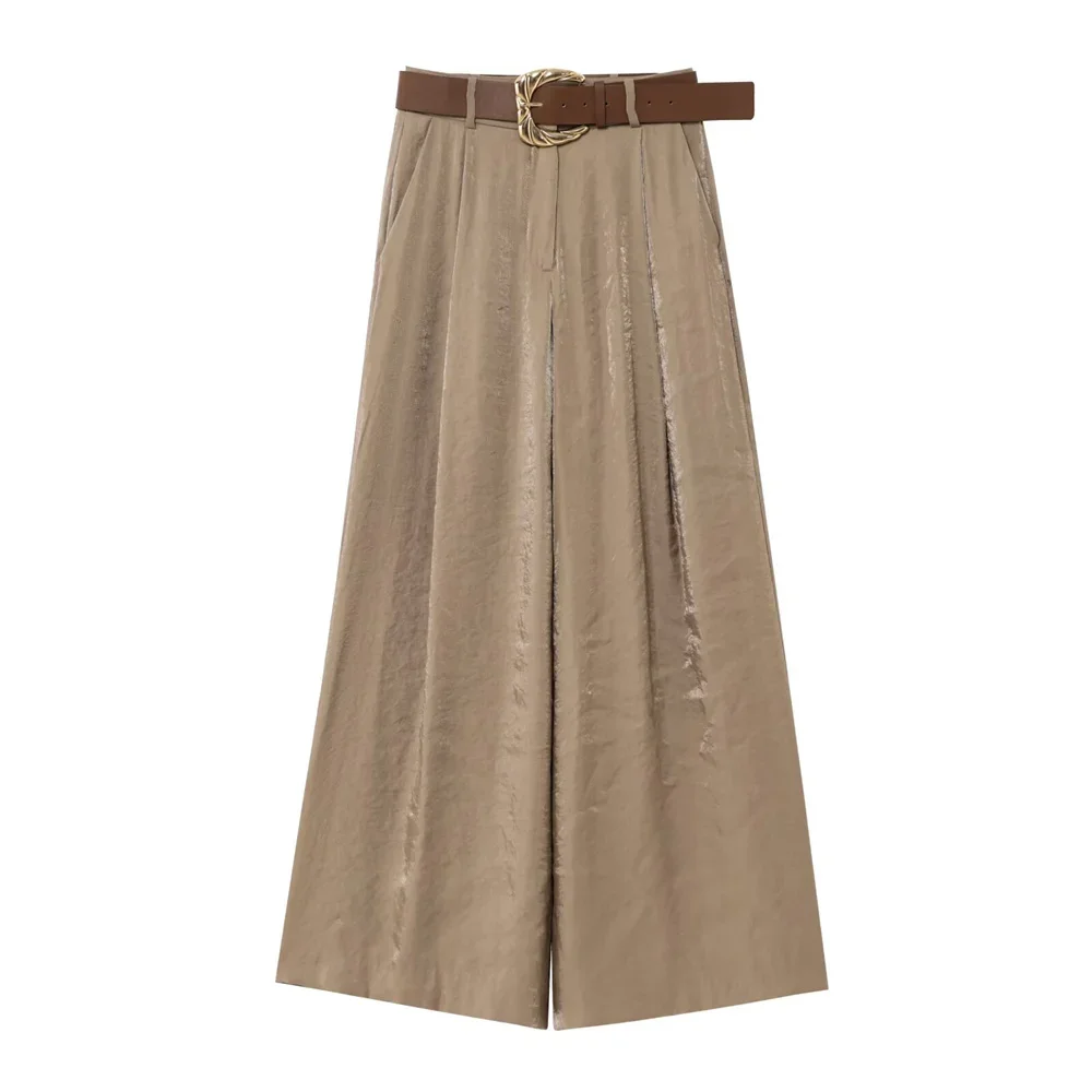 LIBIELIY Women's Belt Silk Texture Wide Leg Pants Pocket Decoration Spring/Summer Casual Women's Wear