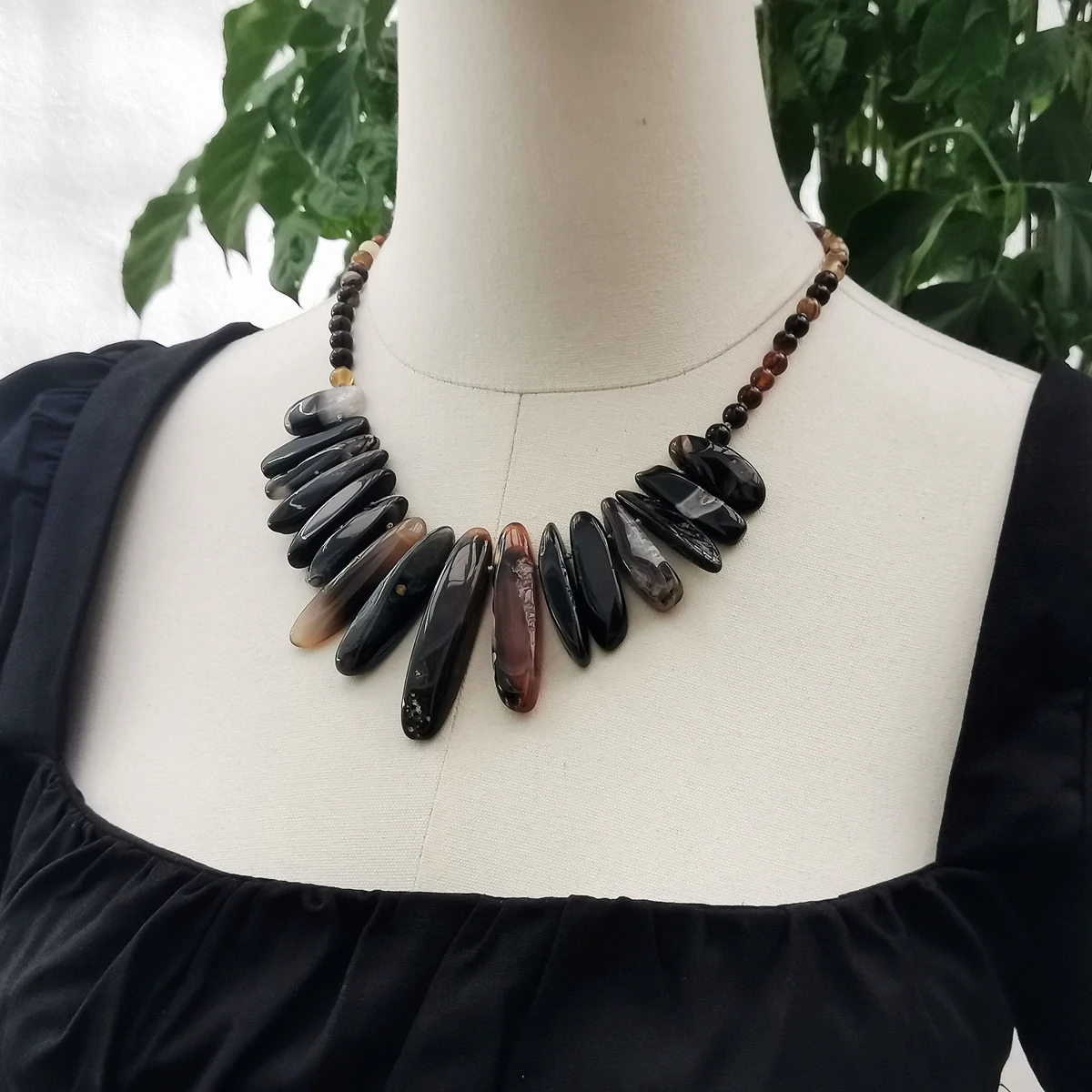 Lii Ji Real Stone Black Brown Necklace Agate Choker Necklace 49cm Stock Sale Women Jewelry Gift