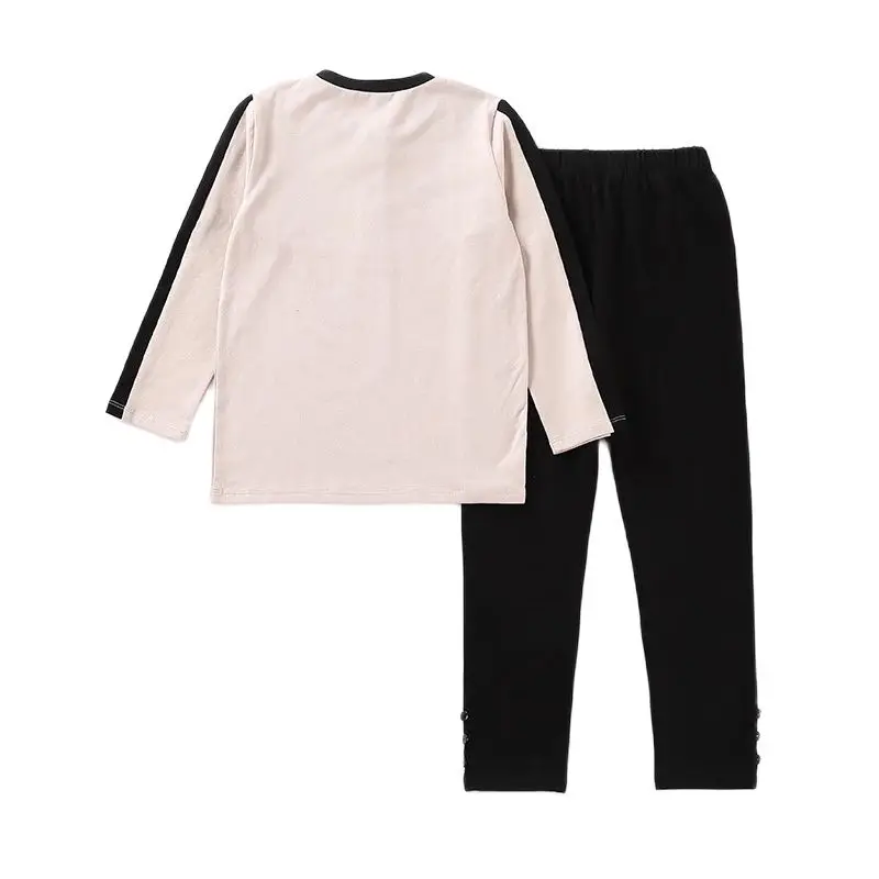 Children clothes 2pcs set long top and pants children casual set with front opening cotton  kids clothes black patches sleeves