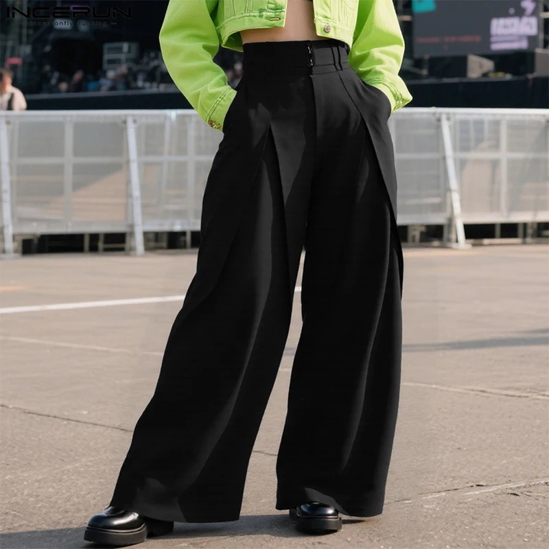 INCERUN Men Wide Leg Pants Solid Color Joggers Button Loose Casual Straight Trousers Men Streetwear 2025 Fashion Male Long Pants