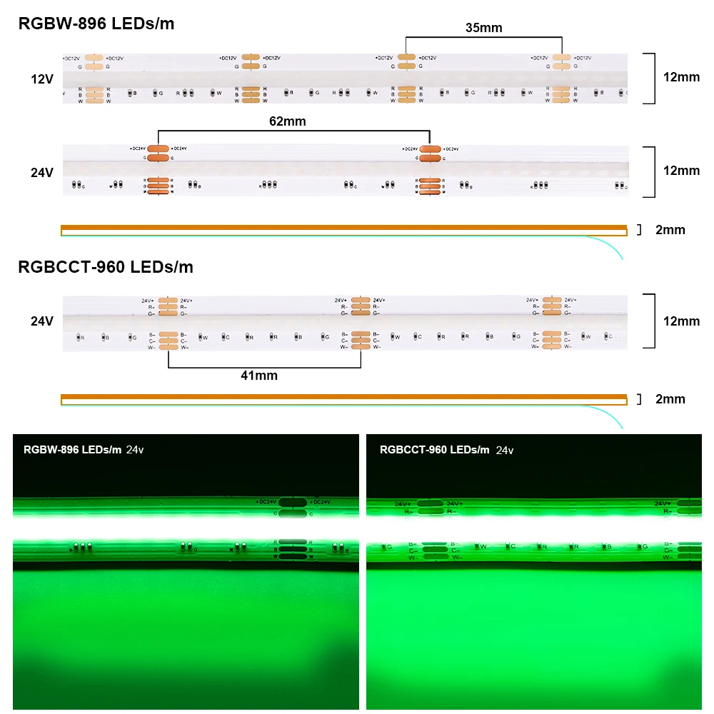 Imagem -03 - Rgbw Rgbcct Cob Led Strip Light 896 960leds m Flexível Alto Brilho Regulável Ra90 Fcob Rgb Mais Cct Fita Led Fita Flexível 12v 24v