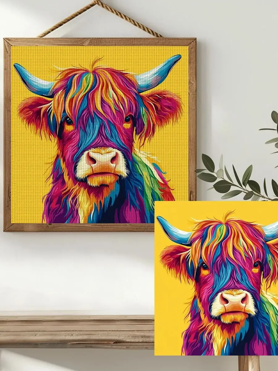 1 Stück 40x40 cm/15,74 Zoll Highland Cattle Gestempeltes Kreuzstich-Set DIY-Kit 11CT/14CT DIY-Stickset DIY-Kreuzstichset – Detail 1