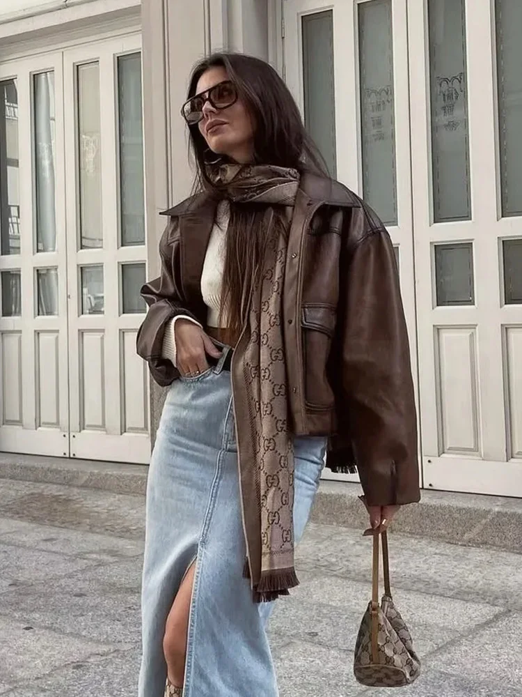Abrigo Vintage de piel sintética para mujer, chaqueta de manga larga con cuello vuelto y botones, color marrón, estilo americano, Otoño e Invierno
