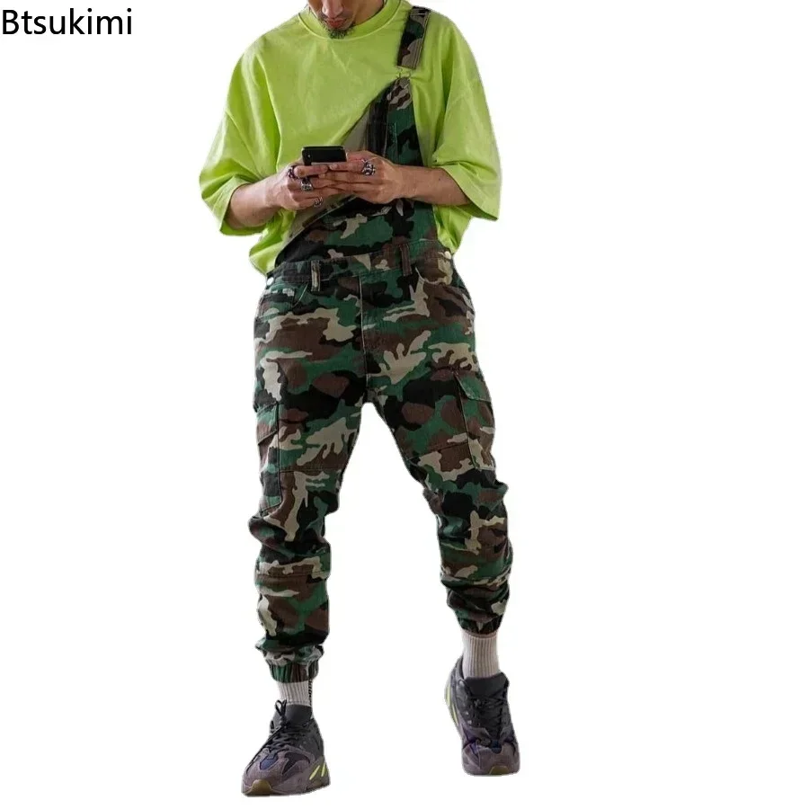New2026 Men\'s Camouflage Strap Long Pants Overalls Cross Button Man Casual Pants Jeans One Piece Jumpsuit Denim Cargo Pants Male