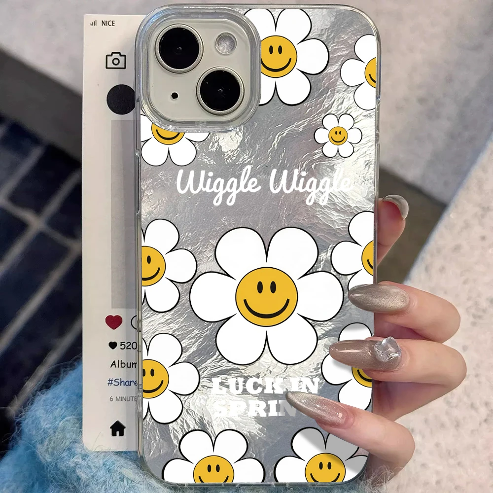 Coque de téléphone antichoc rigide motif marguerite visage souriant texture glacier pour iPhone 17 Pro Max 16 14 15 13 Pro Max 12 11 7 8 Plus XR X