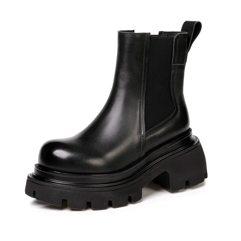 8cm New ROME Genuine Leather Ankle Motorcycle Chelsea Booties Women Autumn Ladies Elastic Spring Arch Support Stable Shoes