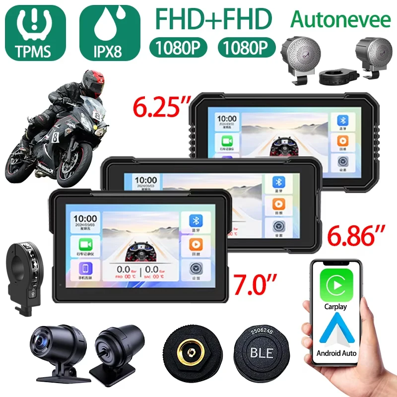 Autonevee Car Motorcycle Carplay Waterproof WiFi Wireless Android-Auto DVR Monitor Dash Cam GPS Navigation TPMS +SD