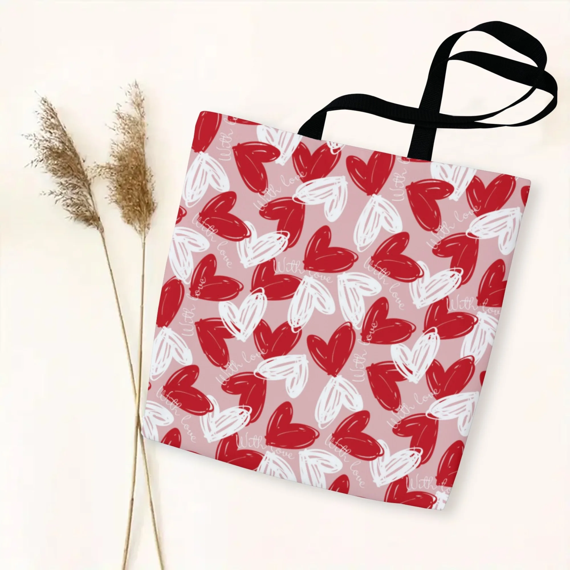 حقيبة يد قماشية رومانسية على طراز عيد الحب بتصميم قلب وردي حقيبة تسوق قابلة لإعادة الاستخدام للنساء مناسبة للتنقل اليومي