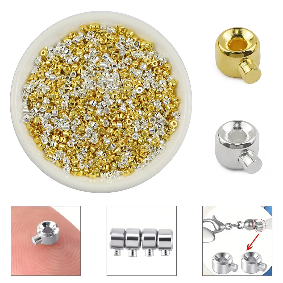 10Pcs Brass Crimp Beads Dual-Tone Color Options, Column-Shaped Cord Terminators Metal Material For DIY Jewelry Necklaces Making