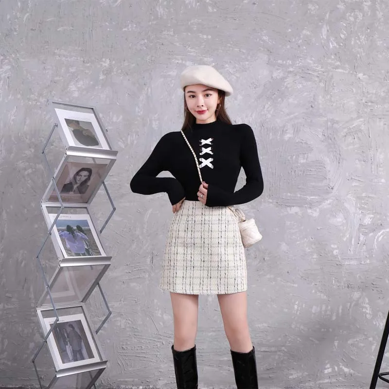 Women's High-Waisted A-Line Skirt Black/White Checkered Tweed Slimming Flared Mini Skirt for 2026 Fashion Trend