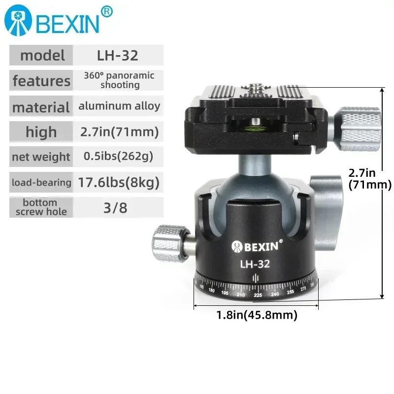 BEXIN Tripod Ball Head with 3/8inch Screw 360 Degree Swivel Aluminum Alloy Photography Ballhead Tripod for DSLR Camera LH28/LH32