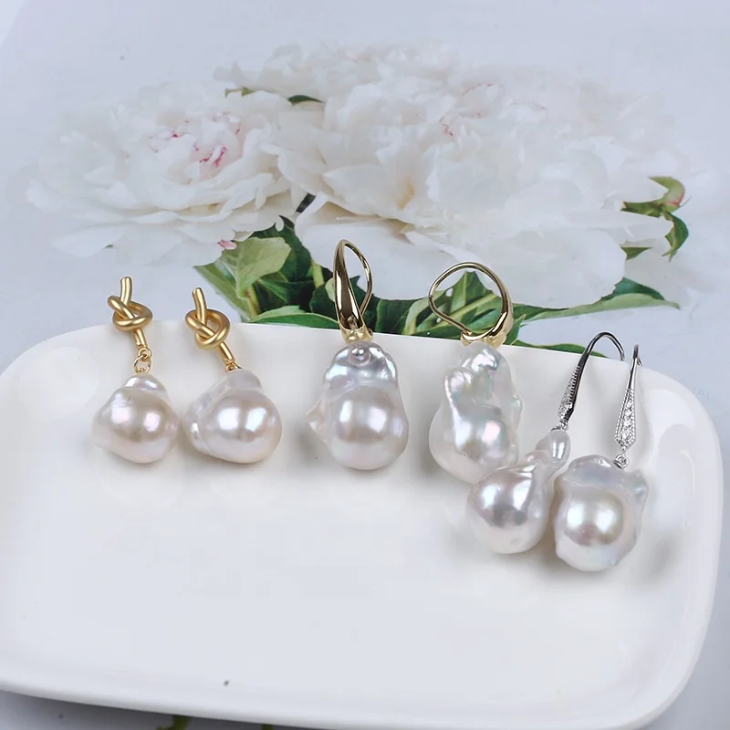 14-16mm Natural Freshwater Baroque Pearl Earrings Dangle Simple Fashion matted gold glossy silver plated earrings Jewelry