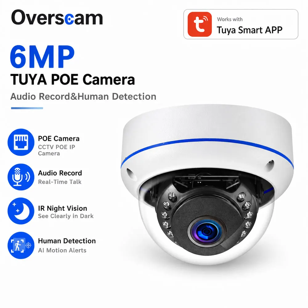 6MP Tuya PoE CCTV-Kamera Außen-Bullet-IP-Sicherheitskamera mit Personenerkennung, Audioaufzeichnung, IR-Nachtsicht, Heimüberwachung, NVR