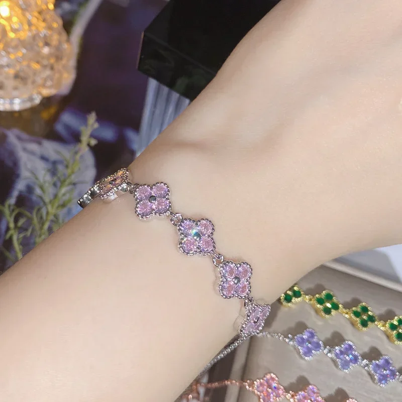 MDLFES مويسانيتي نمط ساكورا جديد البرسيم الملونة الكنز الزركون سوار مطلي 18 كيلو مجموعة صغيرة بسيطة #4