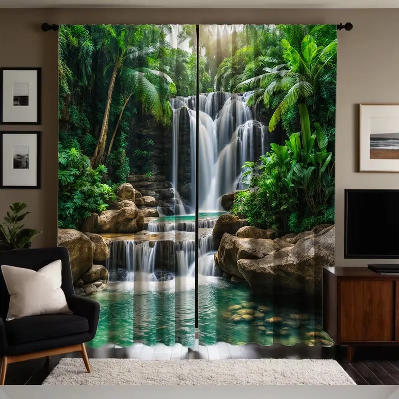 2PC Tropical Waterfall Jungle Scenery Sheer Curtains - Nature Immersive Rainforest Print Window Drapes for Living Roomdecor