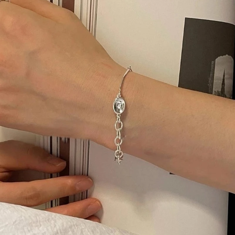 

925 Sterling Silver Geometric Chic Concave Bean Bracelet for Women Fine Jewelry Minimalist Accessories Wholesale