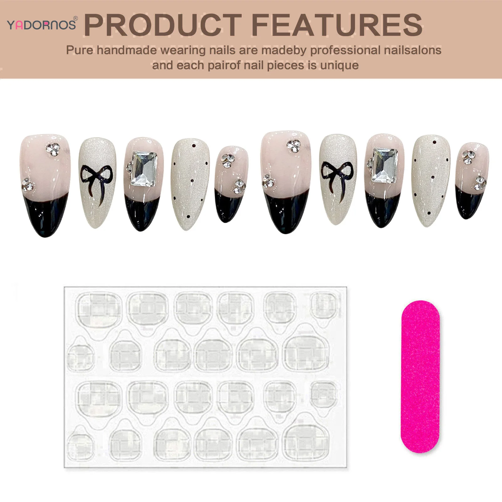 Uñas postizas hechas a mano de ojo de gato para mujer, uñas postizas de estilo francés de almendra larga, diseño de nudo de lazo de diamante brillante, manicura