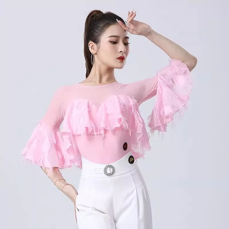 2023 New Pink  Balck Latin Dance  Tops Leotard  Women Performance Ballroom Practice Clothes Standard Waltz Dancing  Blouse