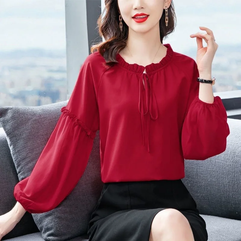 Elegant Ruffled Neck Chiffon Oversized Lantern Sleeve Lace Up Bow Blouse Women\'s Clothing Autumn Casual Tops Loose Commute Shirt