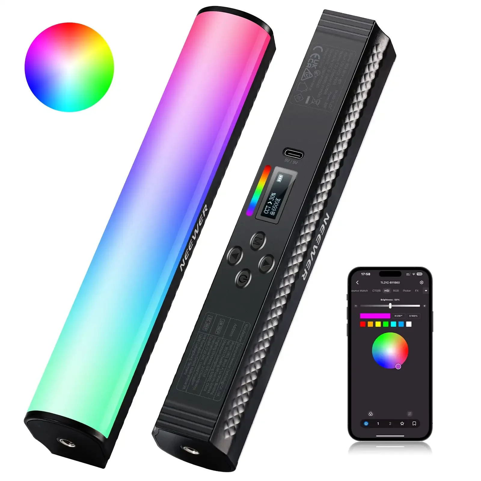 NEEWER TL21C RGB Magnetic Light Wand 2500K-8500K RGB Colorful LED Stick Light with APP Control for Photography Studio Lamp