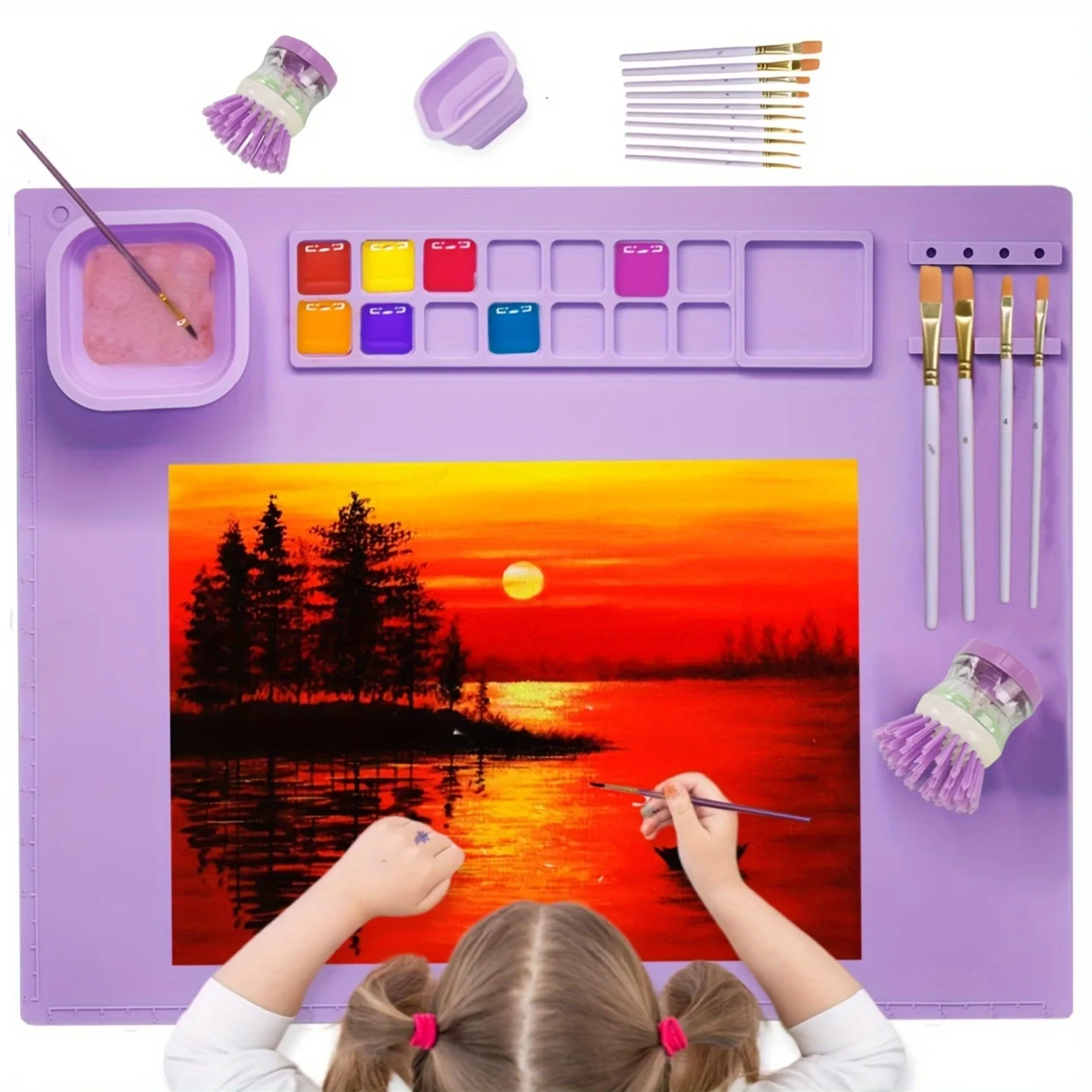 

Silicone Painting Mat Art Mat with Cup, Cleaner Tool &10 Paint Brushes Washable Erasable Silicone Craft Mat for Artistic Work