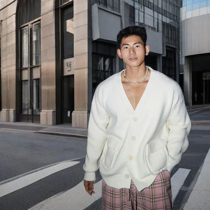 American V-neck plush knitted cardigan for autumn and winter, gentle, soft, lazy and versatile sweater jacket for men