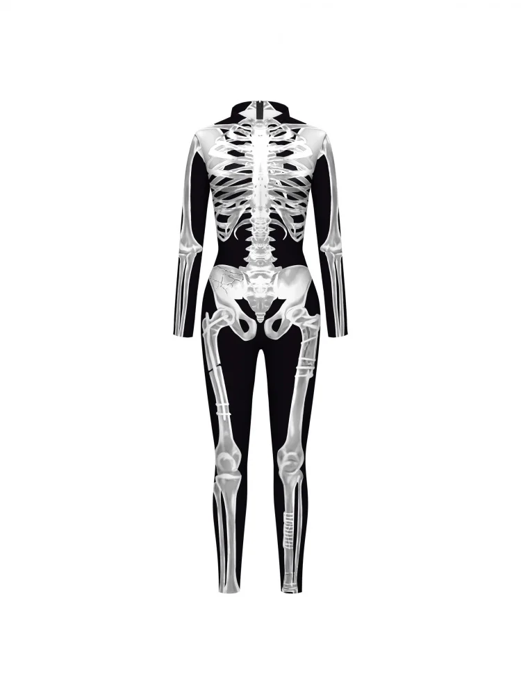 بدلة للجسم مطبوعة رقمية للهالوين لعام 2024 أزياء تنكرية ضيقة من قطعة واحدة بدلة هيكل عظمي مجموعة نسائية قابلة للتنفس #3
