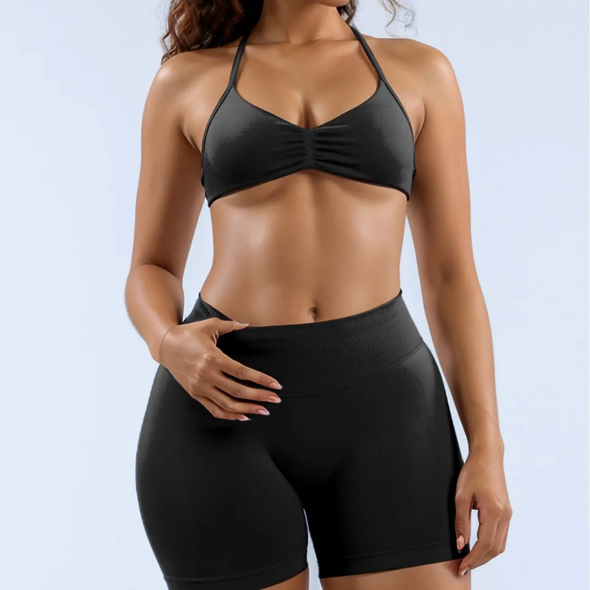 

2025 New DF Im-pact seamless high-elastic nylon halter bra, tight-waisted, hip-lifting pants set in black, white and blue