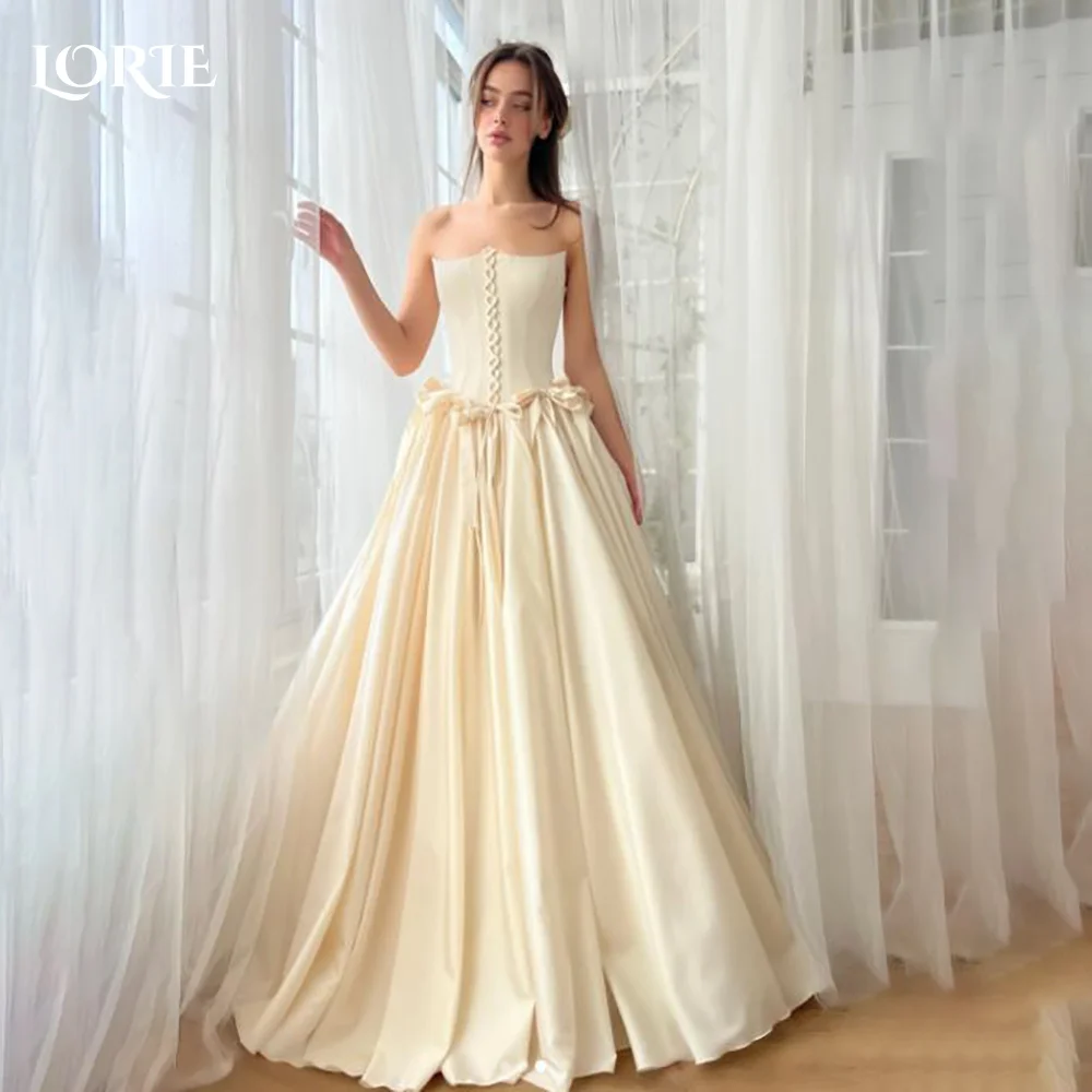 

LORIE Satin Bow Wedding Dresses Arabia A-Line Puff Long Sleeve Bridal Gown Princess Bride Dress Customized Simple Dress