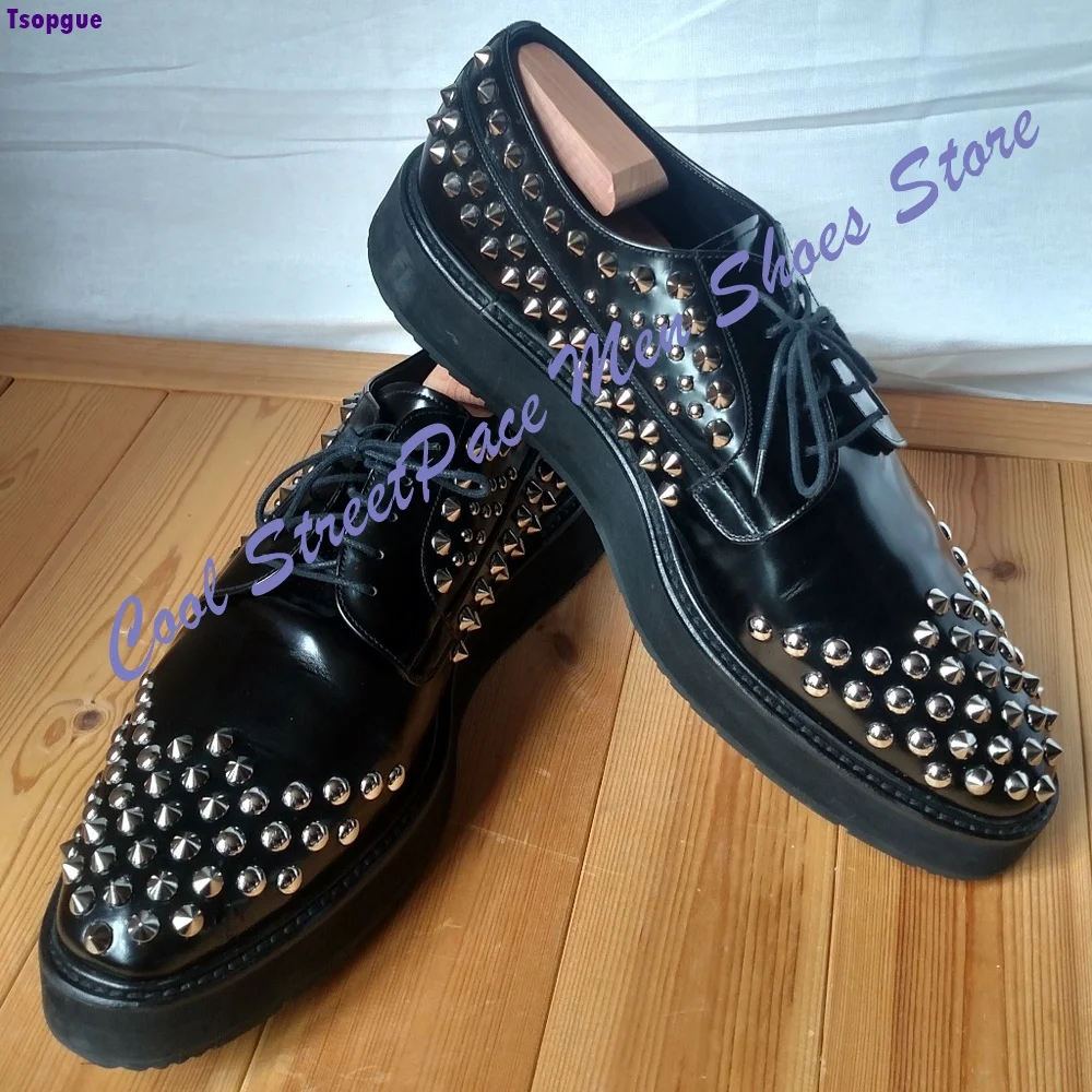 Men Black Platform Shoes Lace-up Leather Dress Shoes Gold Spike Rivet Decor Punk Rock Street Fashion Party Gentleman Footwear