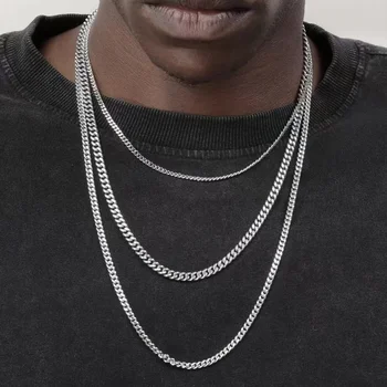 Hip Hop Cuban Chain Necklace Rock Stainless Steel Basic Chain Men Necklace Simple…