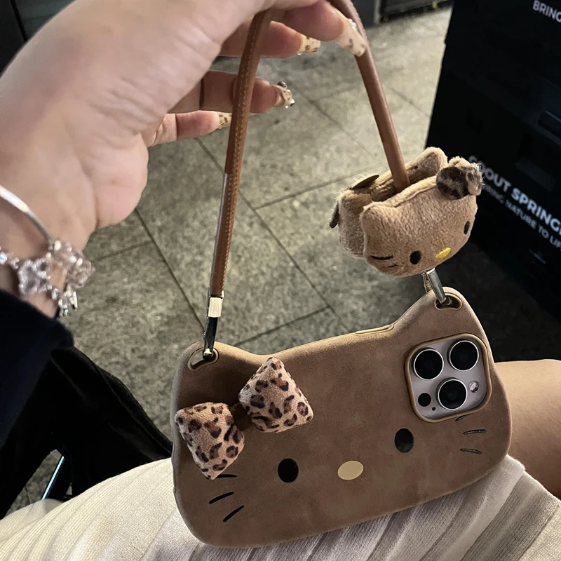 NEW Cartoon Brown Hand Carry Leopard Print Bow Hello Kitty Classic Cute Phone Case For iPhone 16 15 14 13 ProMax Vogue Y2K Cover