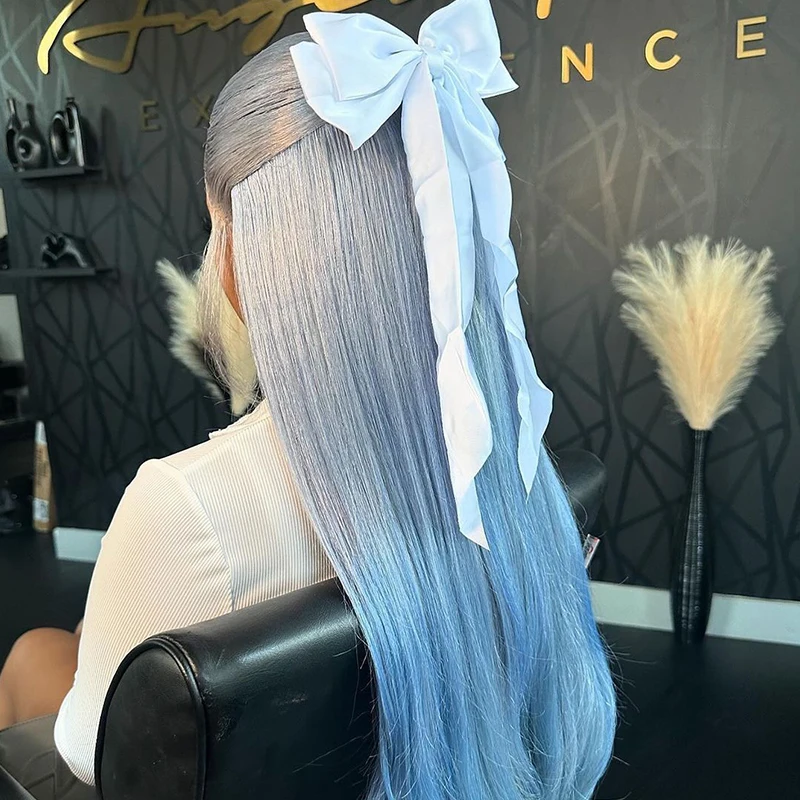 Perucas de cabelo sintético para mulheres, cinza, azul, ombre colorido, peruca dianteira do laço, 13x4, transparente, reto, pré arrancado, densidade