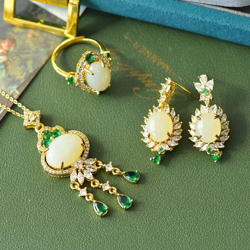 

Copper Inlaid Hetian Jade Luxury Exquisite Fashion Three-piece Set Light Luxury Women's Necklace Earrings Ring Set