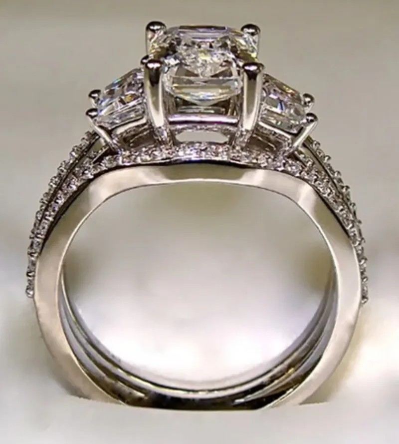 Vintage 10K White Gold 3ct AAAA Zircon Ring sets Silver Color Bijou Engagement Wedding band Rings for Women men Jewelry