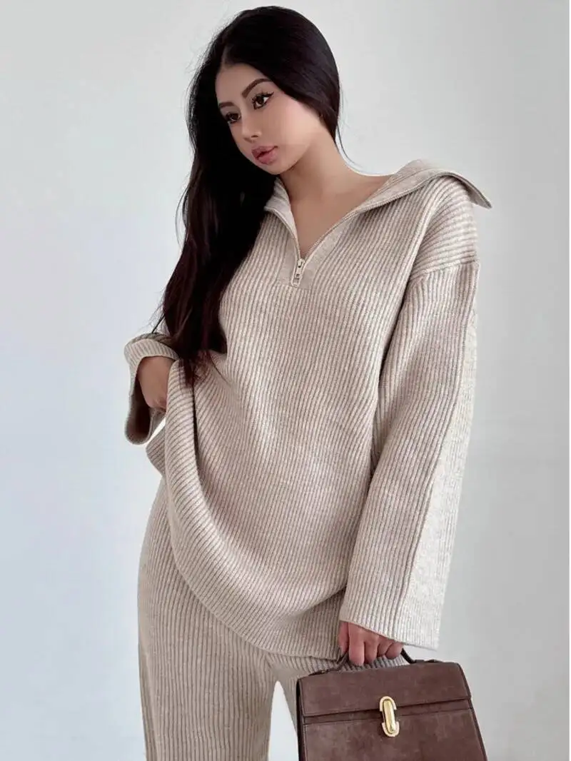 

Lazy Style Zipper Collar Loose Hooded Sweater Women's 2025 Autumn/Winter Knitted Wide Leg Pants Set Fashion Women Pants Set TU9A