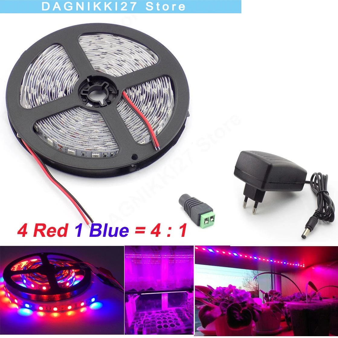

5 м водонепроницаемая светодиодная лента для выращивания растений 5050, 4 красных, 1 синяя, для выращивания растений в помещении, тепличная лампа, источник питания 12 В V27