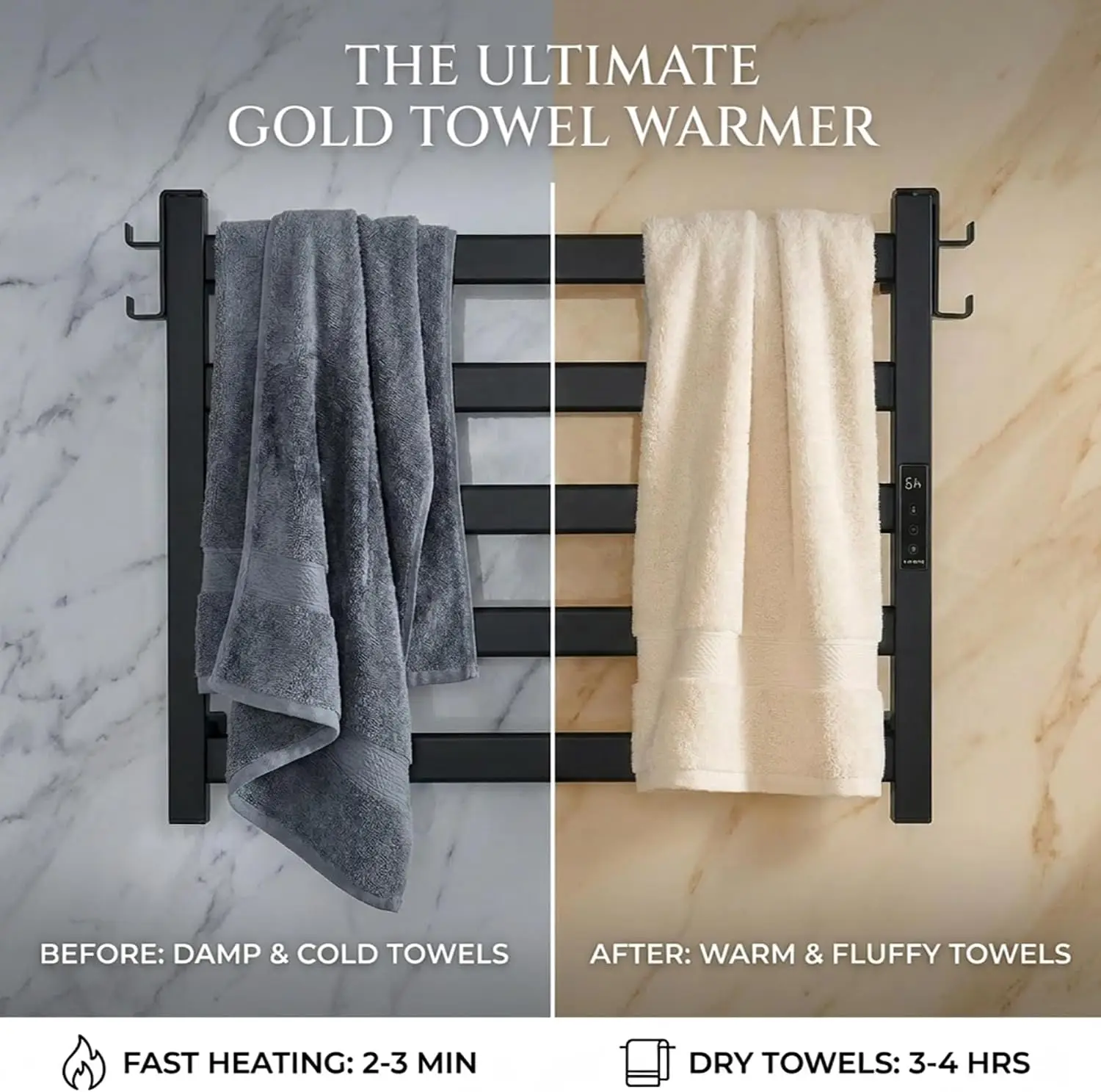 EA15 Series Towel Warmer, Heated Towel Rack, 5 Bar, Black | Heated Towel Rack, 5 Bar, Black Dual Hooks, Built-in Thermo
