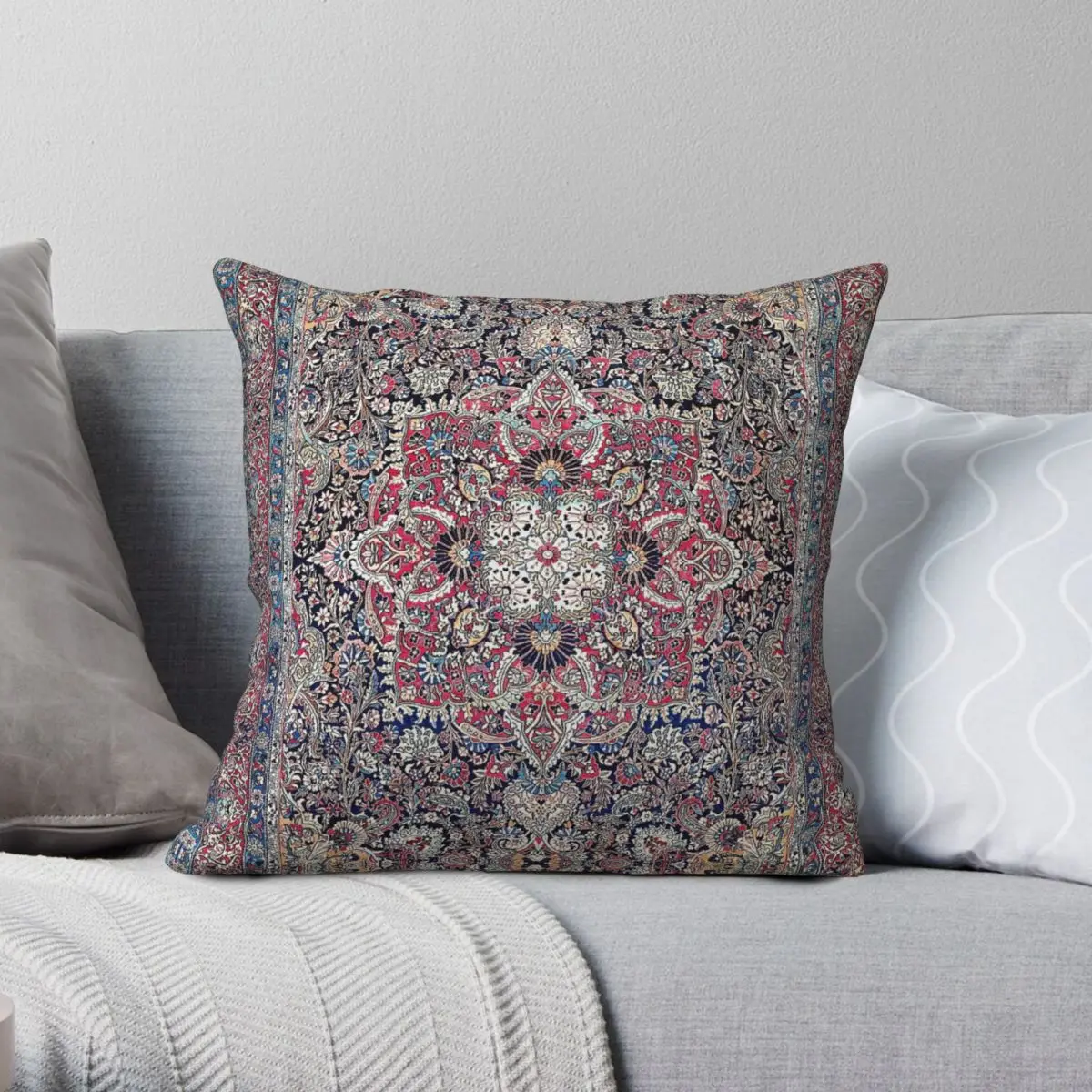 Kashan Central Persian Rug Square Pillowcase Polyester Linen Velvet Printed Zip Decorative Throw Pillow Case Sofa Seater Cushion