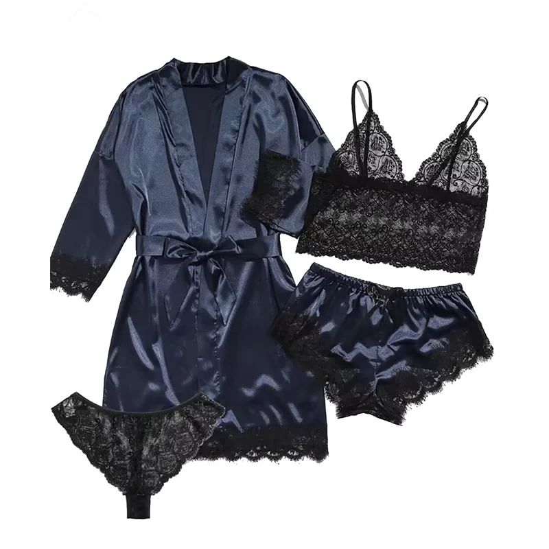 European And American Women's Style Pajamas Summer Bud Suspender Nightdress With Nightgown 4 Pieces Set