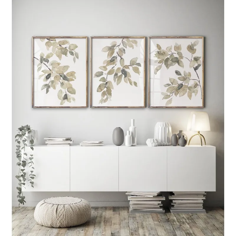 Lot de 3 tableaux sur toile sans cadre, 3 peintures murales botaniques paisibles sur toile, aquarelle, feuilles de sauge et vertes, affiche artistique, décoration intérieure, moderne