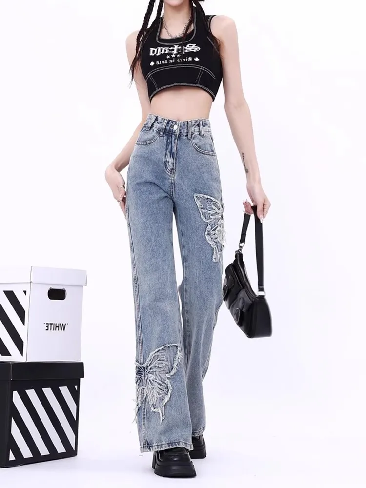 WCFCX STUDIO Butterfly Embroidered Flared Jeans Straight High Waisted Jeans Vintage Harajuku Baggy Jeans Streetwear Denim Elegan