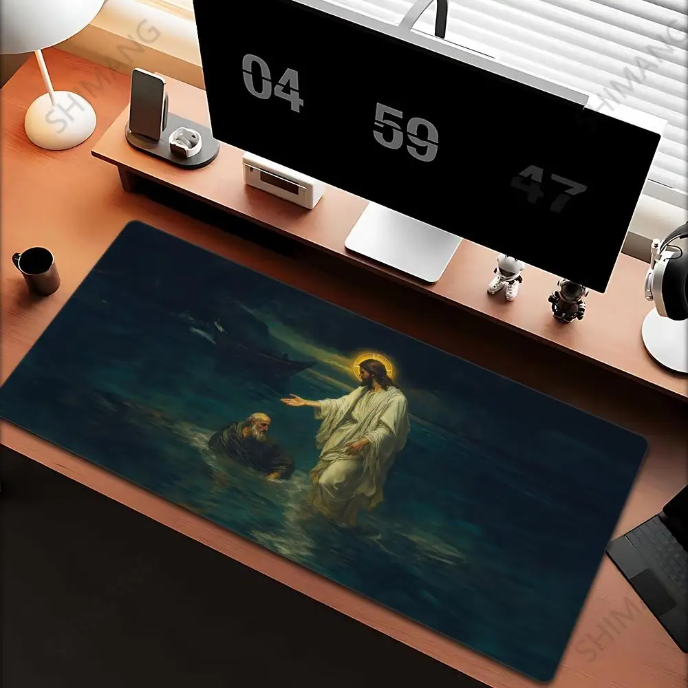 XXL Jesus and Cross Gaming Mouse Pad Large Non-Slip Rubber Base Desk Mat Office Believer Gift Religious Art Design Keyboard Pad