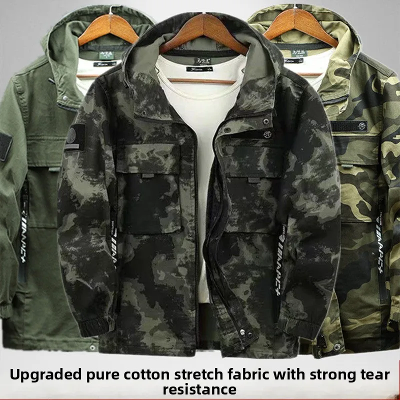 

Spring Men's Camouflage Work Jacket Casual Loose Workwear Hooded Top Labor Protection Clothing Long Sleeve Youth School Uniform