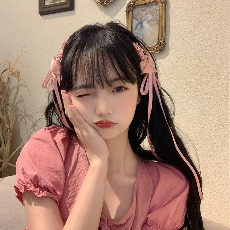 Lolita accessoires strik haarspeld roze streamer lief schattig meisje japanse lolita hoofddeksels zijkant duckbill clip lolita haarspeld