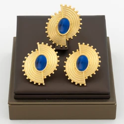 African Jewelry Set for Women Sapphire Blue Stone Earrings and Finger Ring Luxury Set 18k Copper Gold Plated Earring Jewelry Set